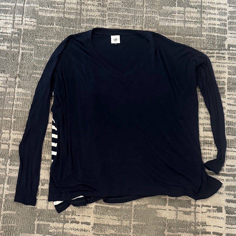 CAbi navy and white V-Neck Long Sleeve Top